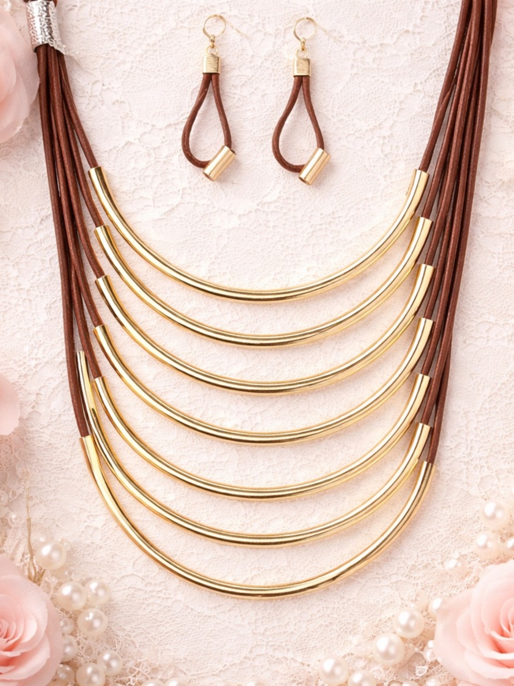 8 MultiLayer Brown Cord Strand Bib Necklace Set #1003